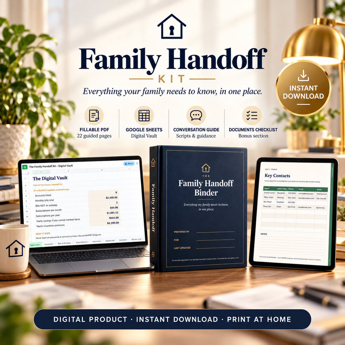 The Family Handoff Kit binder, laptop and tablet on a sunlit desk