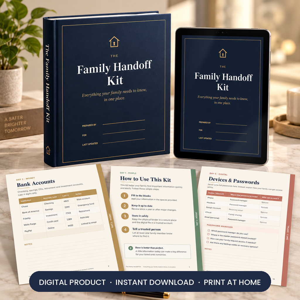 The Family Handoff Kit binder pages displayed alongside the kit