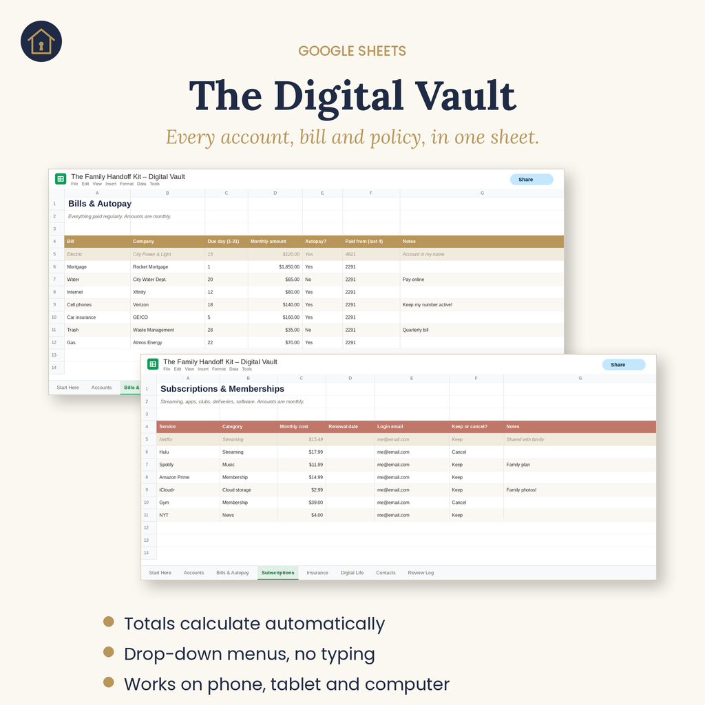The Digital Vault Google Sheets tracker for bills and subscriptions