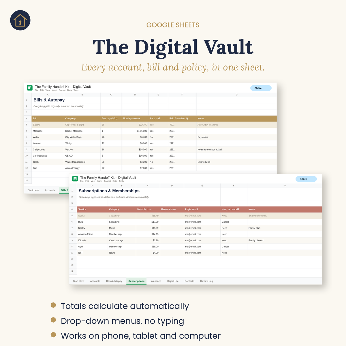 The Digital Vault Google Sheets tracker for bills and subscriptions