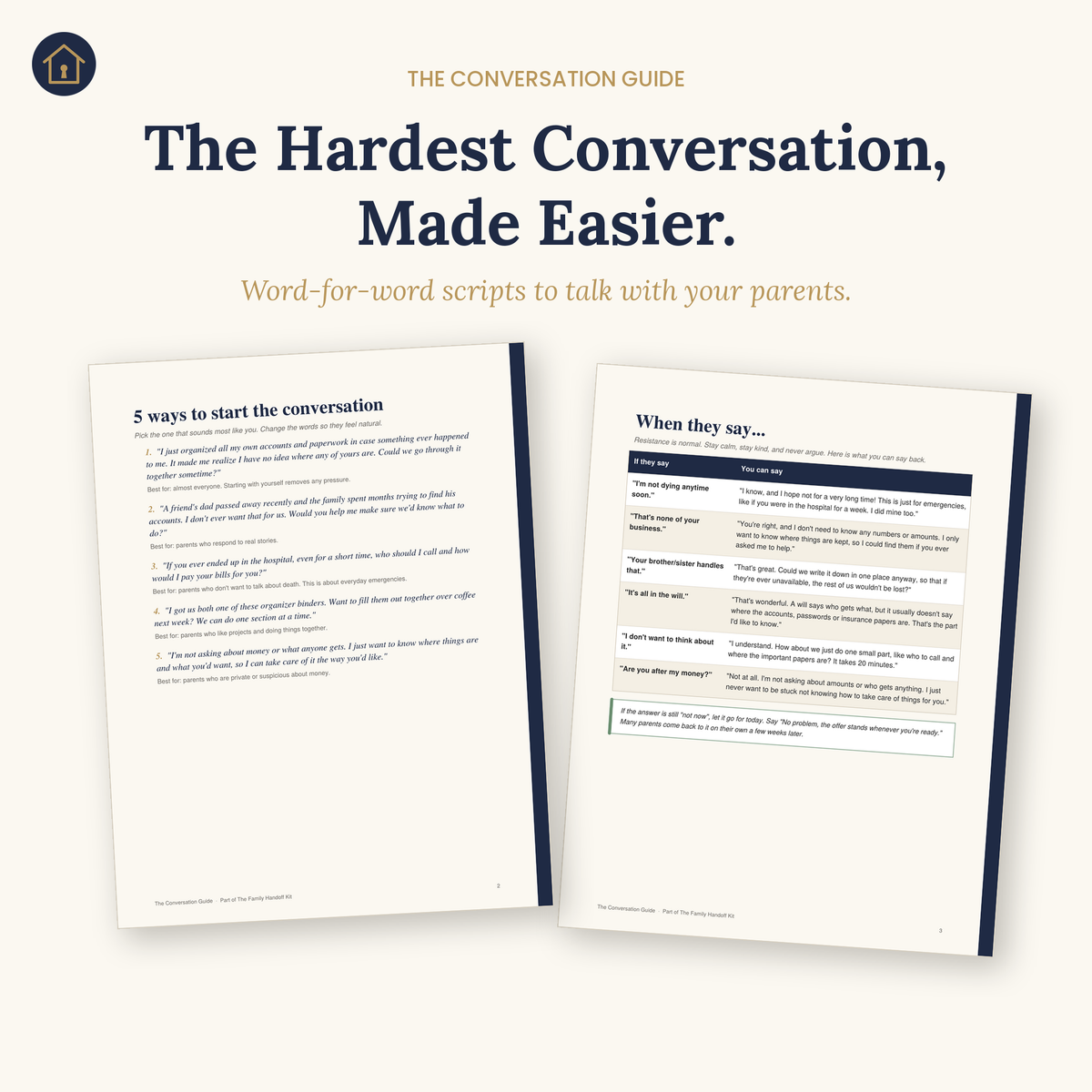 Conversation Guide pages with scripts for talking with your parents