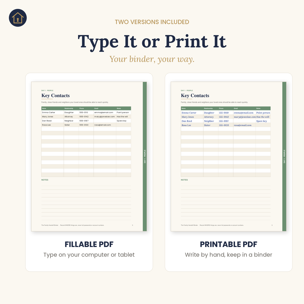 Fillable PDF and printable PDF versions of the Key Contacts page
