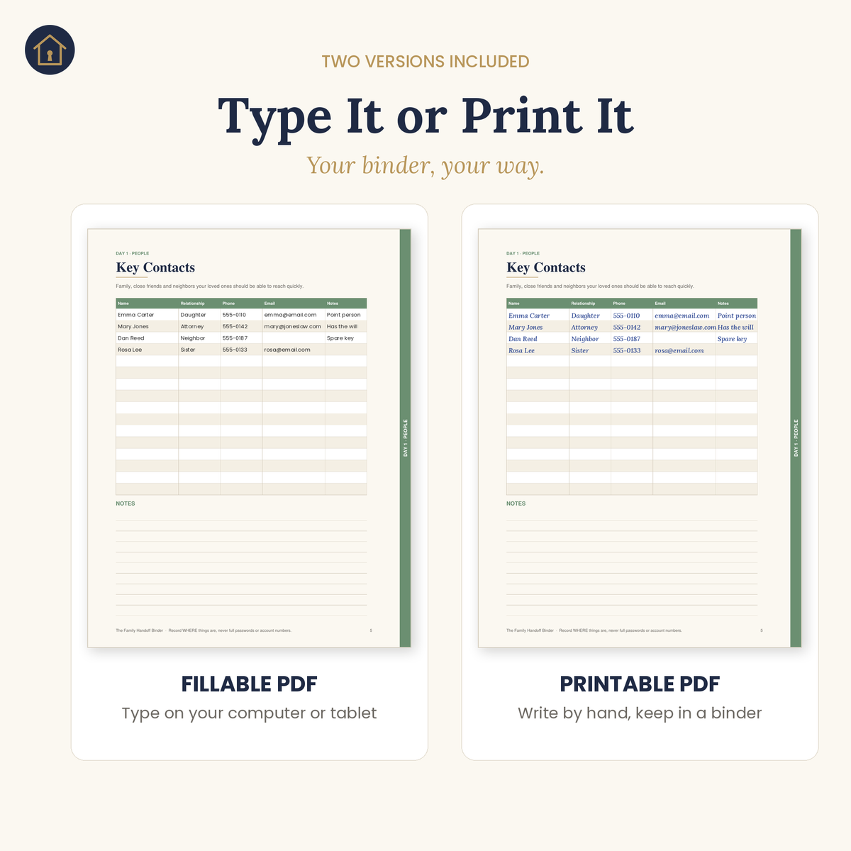 Fillable PDF and printable PDF versions of the Key Contacts page